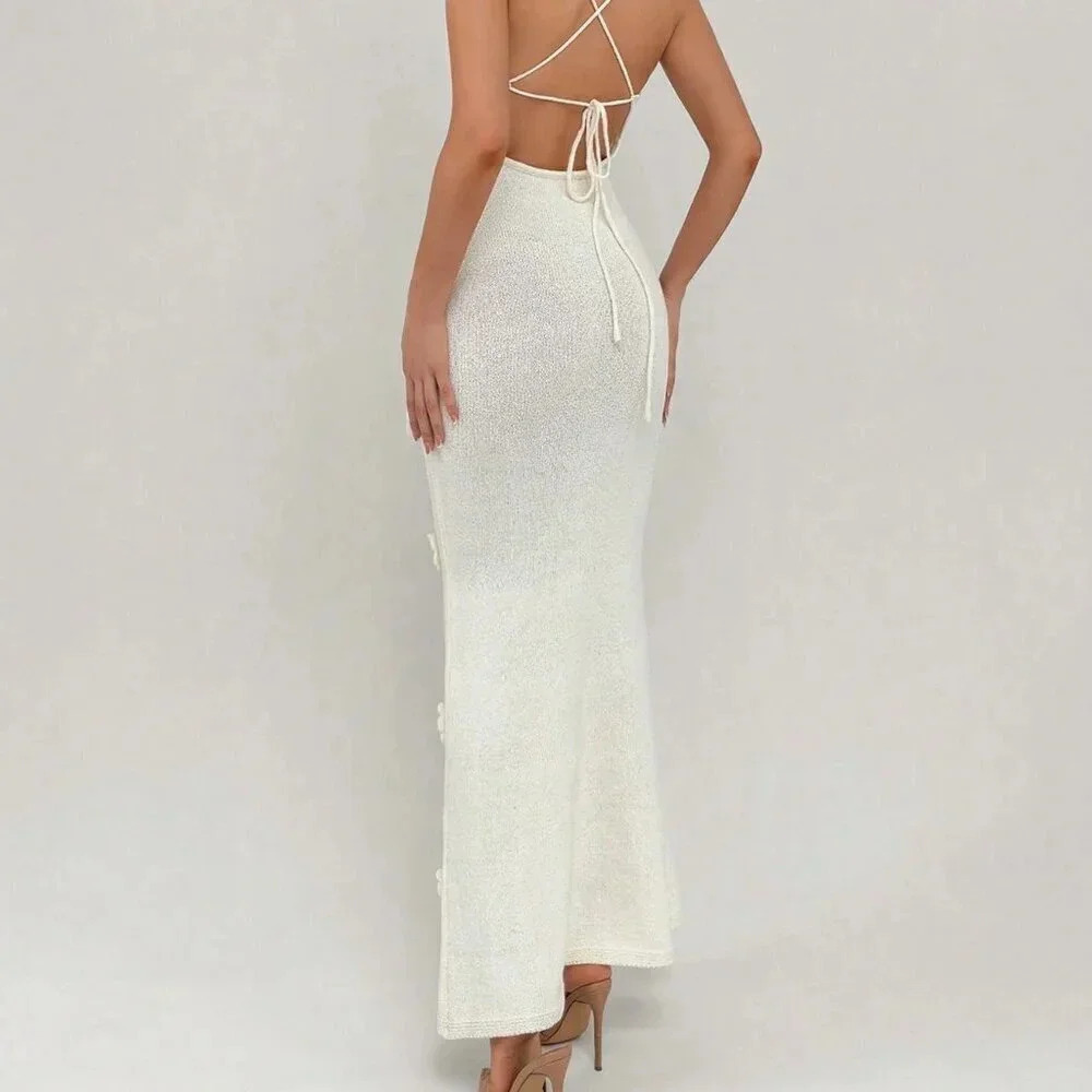 Beige Elegant Women's Backless Knit Dress With Tailored Flowers - Picture 5 of 5